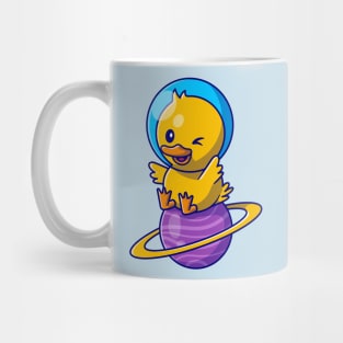 Cute Duck Astronaut Sitting On Planet Cartoon Mug